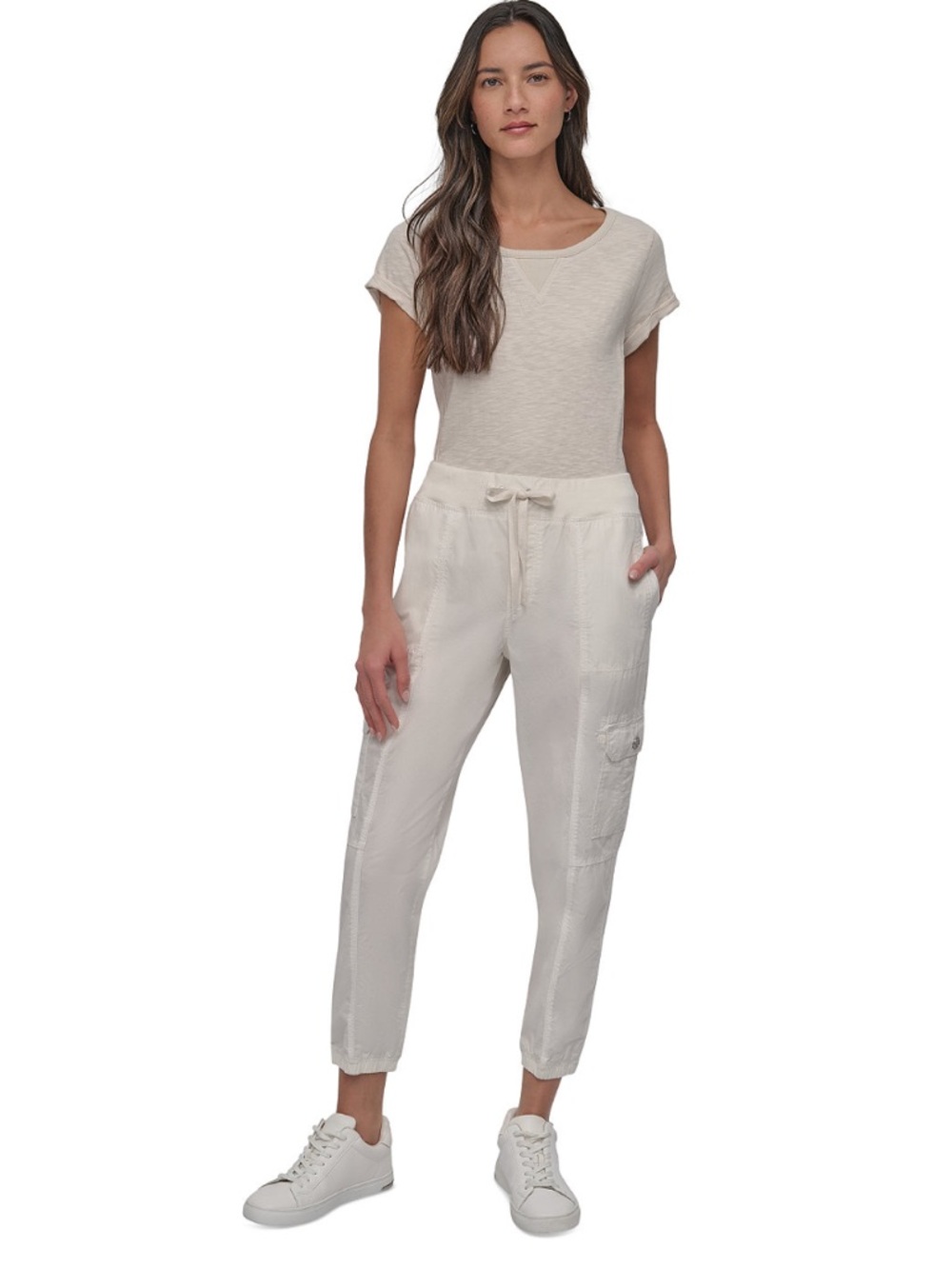 NWT $80 DKNY Sport Cotton Cargo Jogger Pants – White - Ribbed Waist - Picture 4 of 9